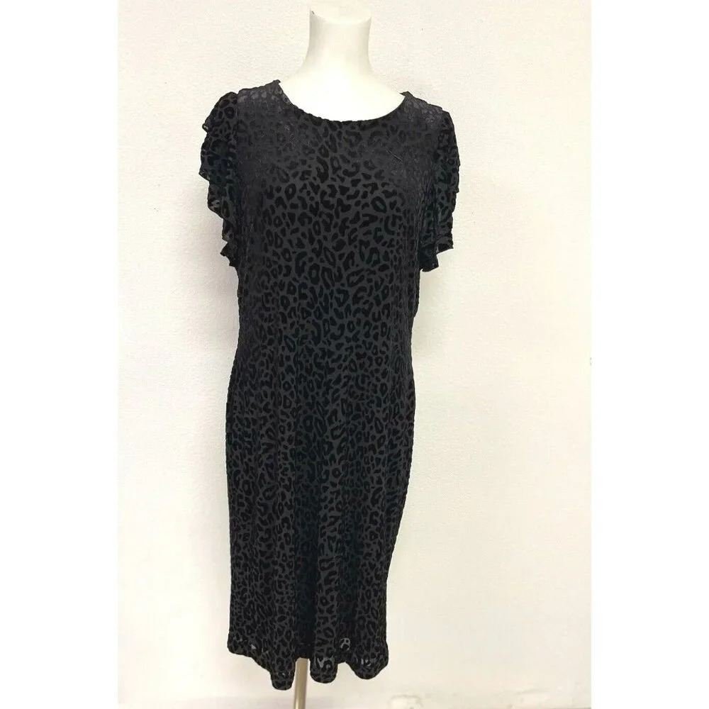 Tommy Hilfiger Leopard Print Shift Dress Black Size 14 Short Fluttered‎ sleeves